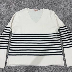 Kier + J Women’s Cashmere Long Sleeve V Neck Ivory Black Striped Sweater Size XL